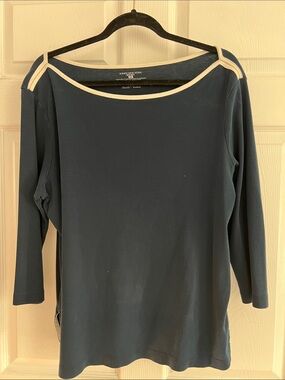 Jones New York Navy Long-Sleeve Boatneck Top with Cream Trim